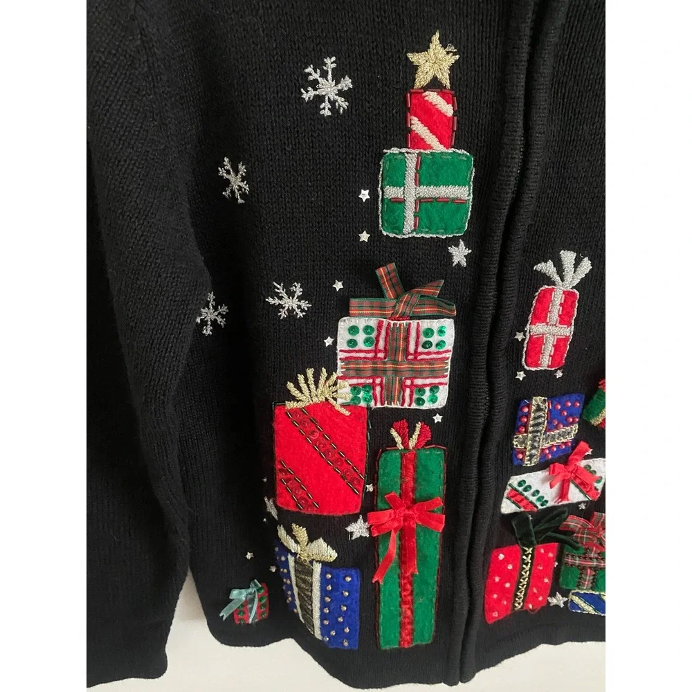 Tiara Petites Vintage Christmas Cardigan Full Zip Santa Presents‎ Sequin Sweater